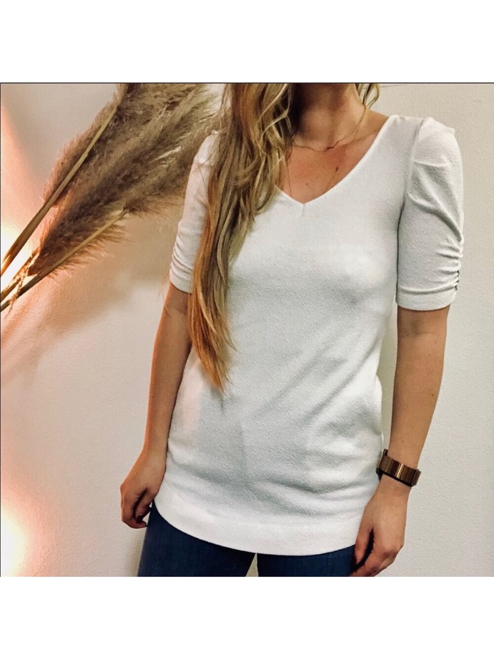 ANTHROPOLOGIE Deletta Rouched Half Sleeve Button Tunic VNeck Top Shirt Blouse XS